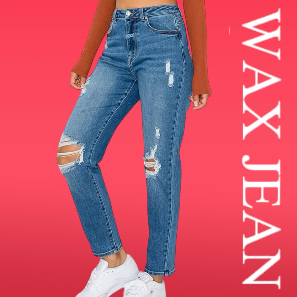 Wax Jean High-Rise Distressed Blue Straight-Leg Jeans